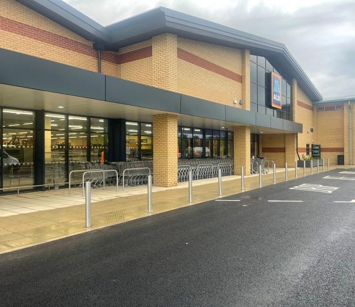 Finished ALDI store extension at Llantrisant with new car park, kerbs and bollards