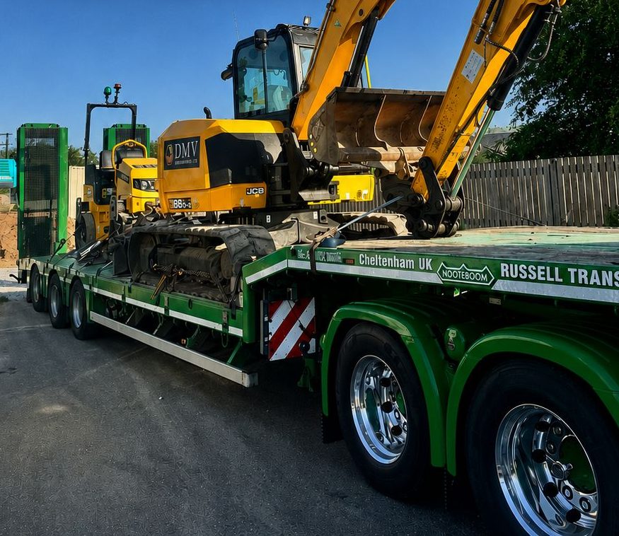 DMV Groundworks JCB excavator and roller loaded on a low loader