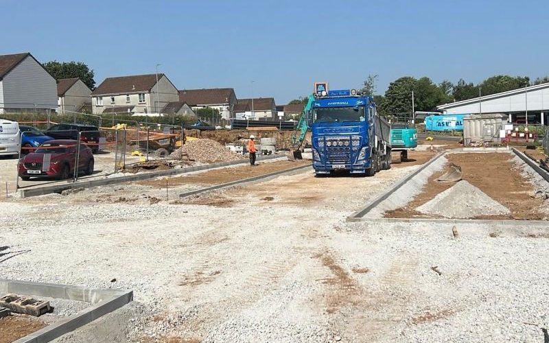 DMV groundworks site at ALDI Liskeard with kerb lines set out and sub-base down